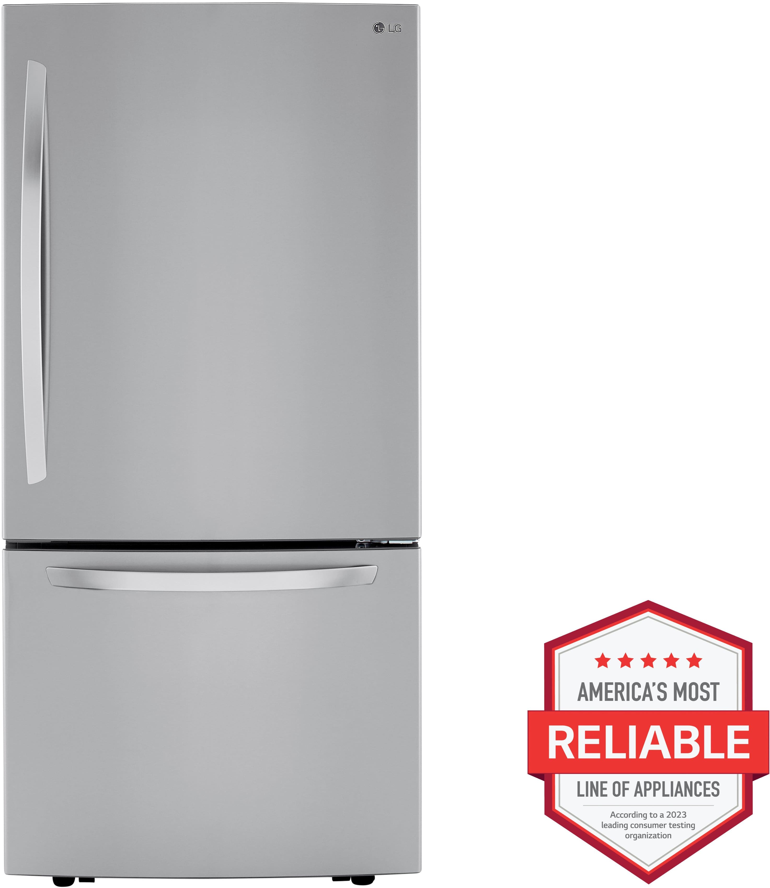 The image features a large, silver, double door refrigerator, which is part of the LG line of appliances. The refrigerator is described as America's most reliable line of appliances, as indicated by the award-winning organization. The refrigerator is the main focus of the image, and it is prominently displayed in the foreground.