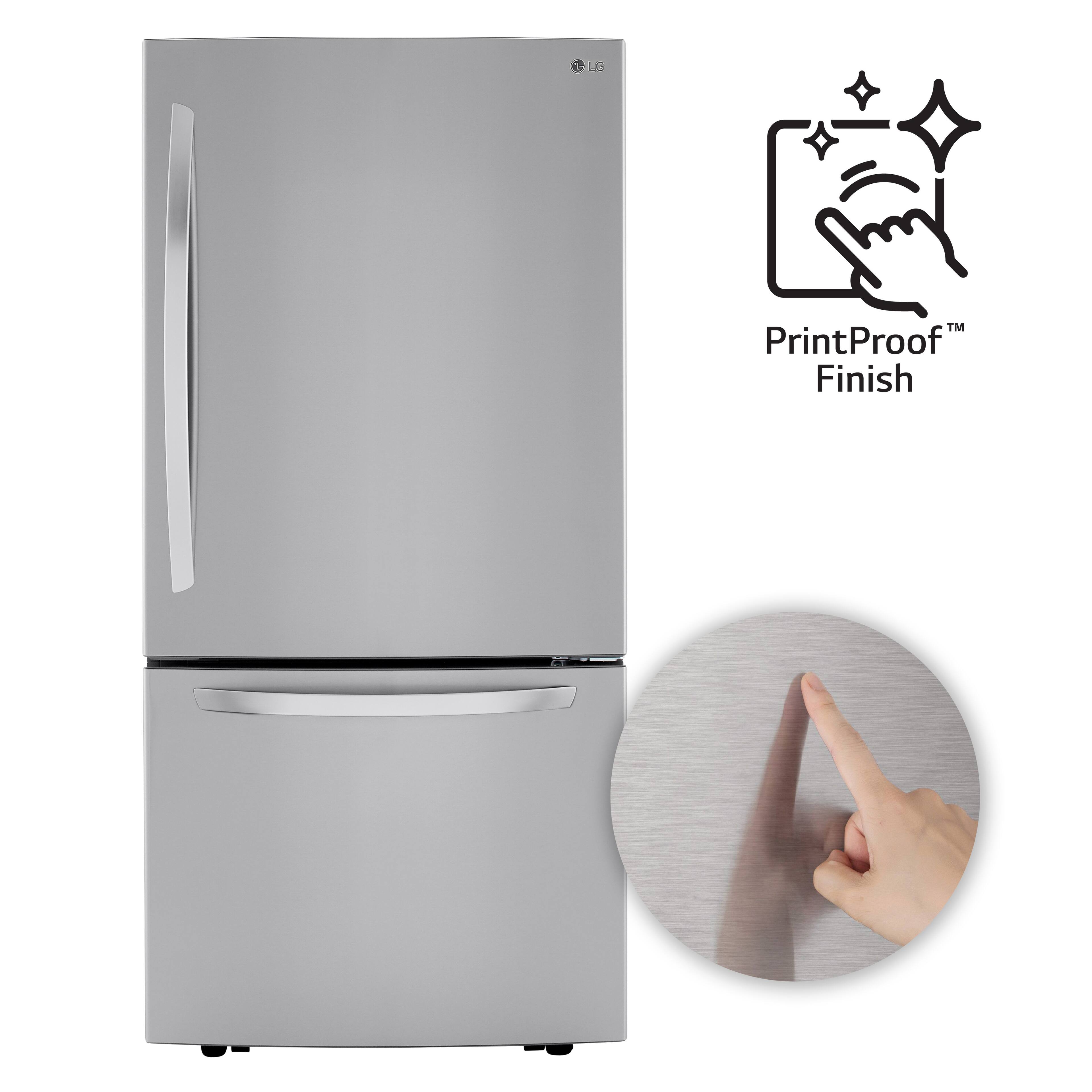 The image features a large silver refrigerator with a printproof finish, which is designed to resist smudges and fingerprints. The refrigerator is shown in a close-up view, highlighting its sleek design and modern appearance. The printproof finish is a key selling point for this refrigerator, as it ensures that the appliance remains clean and visually appealing over time.
