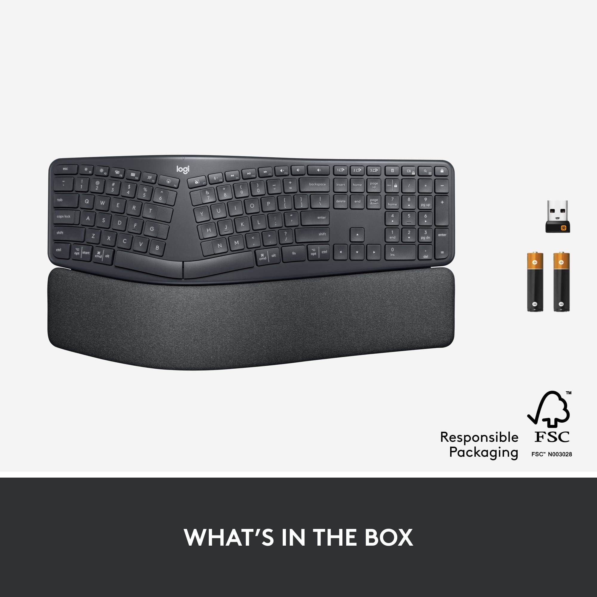 What's in the box:
* A black keyboard
* A mouse
* A USB cable
* A CD
* A manual
* A Responsible FSC Packaging logo