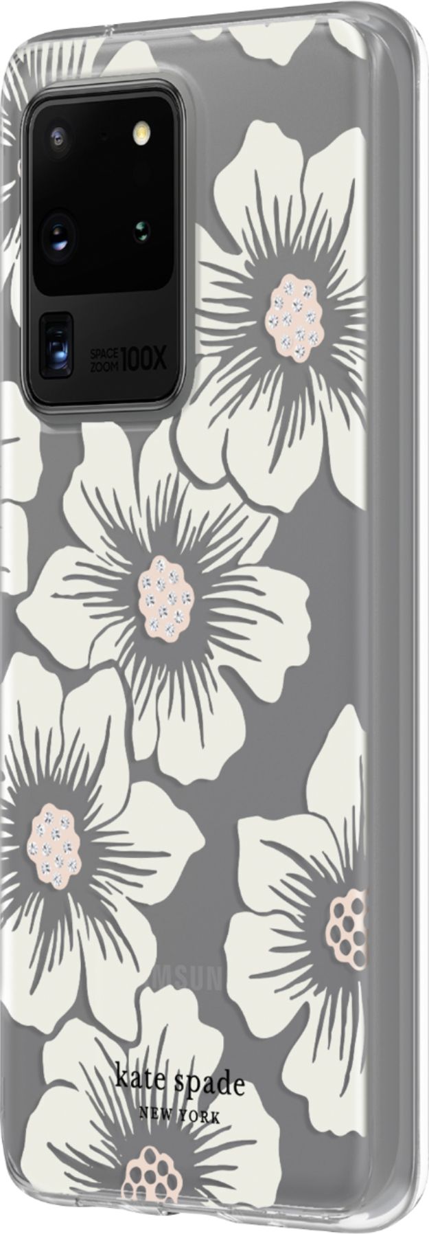 Left View: kate spade new york - Protective Hard-Shell Case for Samsung Galaxy S20 Ultra 5G - Hollyhock Floral Clear/Cream With Stones