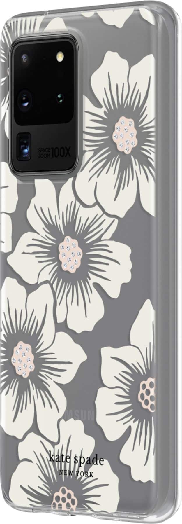 Left. kate spade new york - Protective Hard-Shell Case for Samsung Galaxy S20 Ultra 5G - Hollyhock Floral Clear/Cream With Stones.