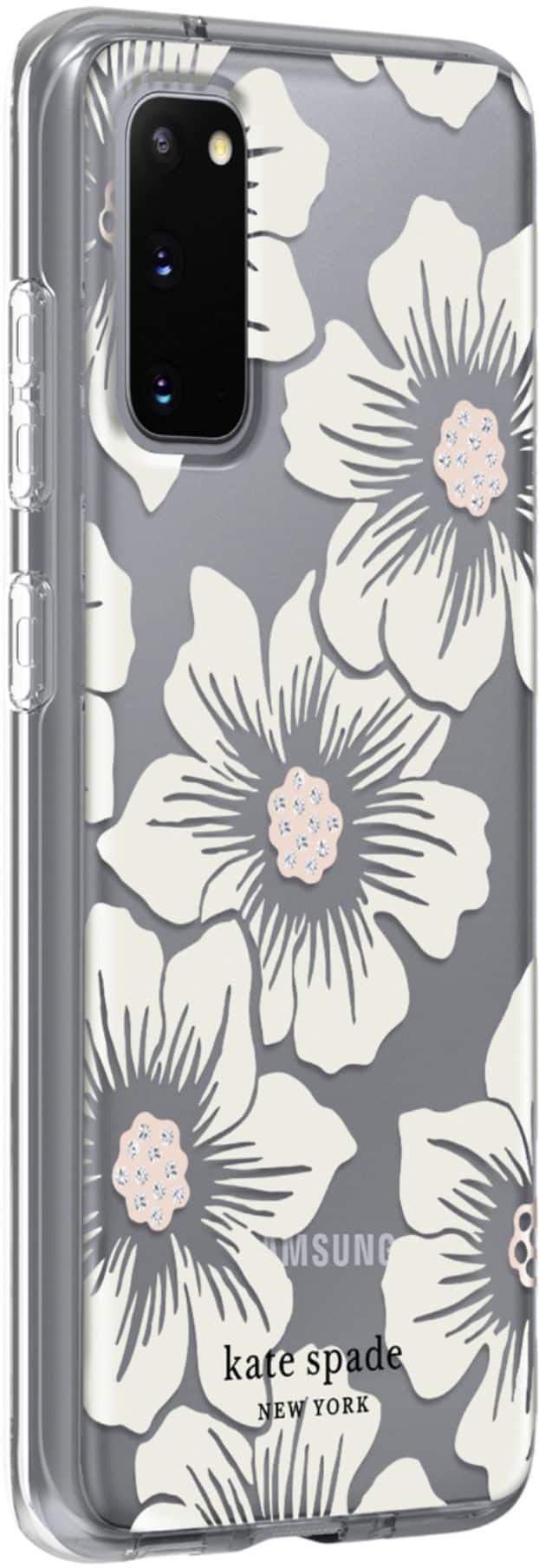 Angle. kate spade new york - Protective Hard-Shell Case for Samsung Galaxy S20 5G - Hollyhock Floral Clear/Cream With Stones.