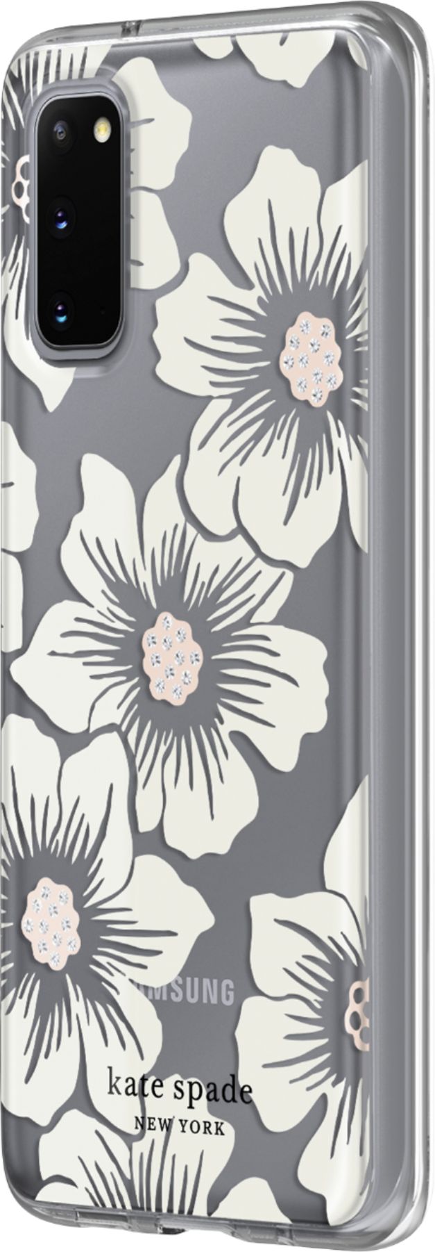 Left View: kate spade new york - Protective Hard-Shell Case for Samsung Galaxy S20 5G - Hollyhock Floral Clear/Cream With Stones