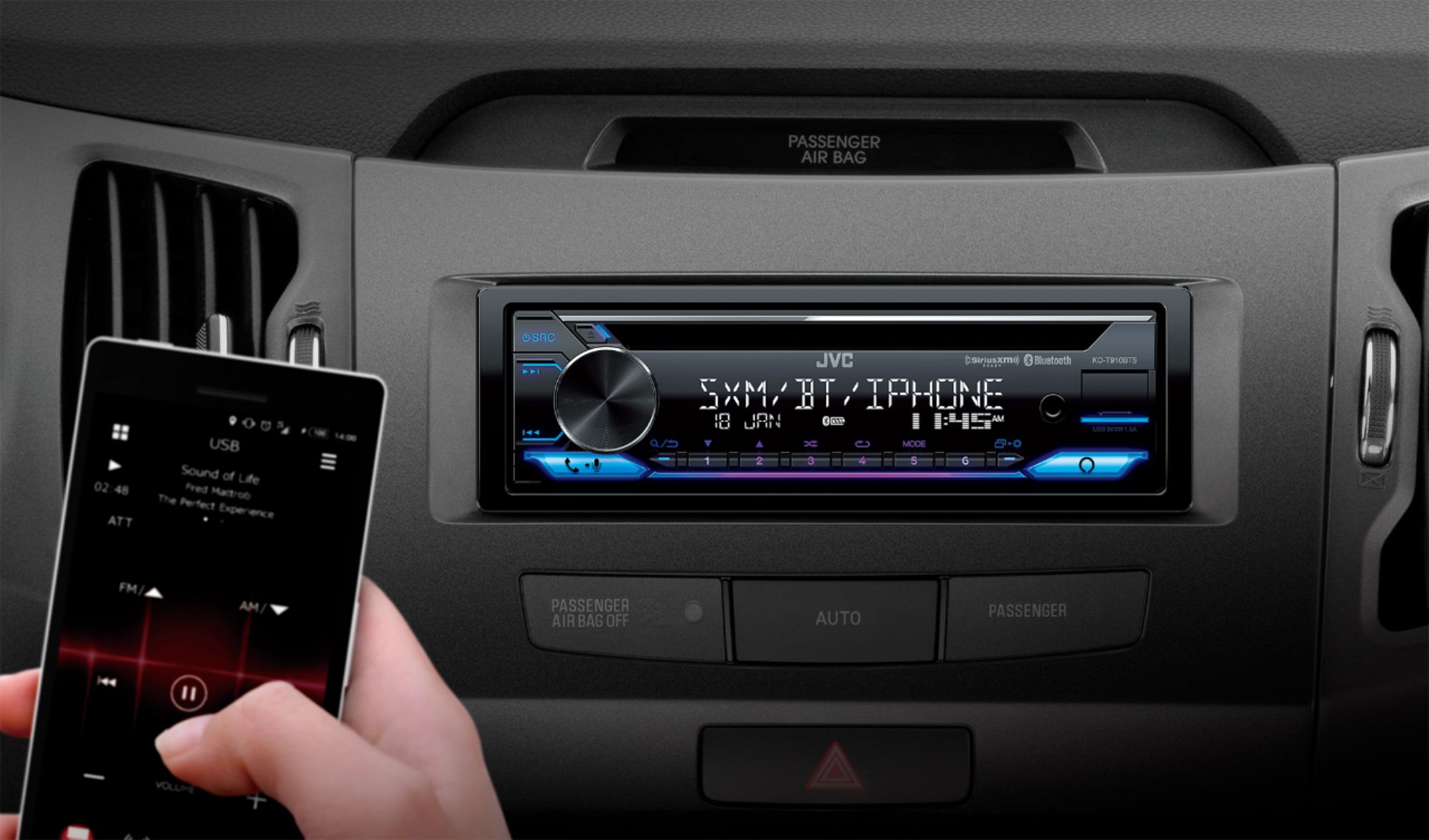 Left View: JVC - In-Dash CD/DM Receiver - Built-in Bluetooth - Satellite Radio-ready with Detachable Faceplate - Black