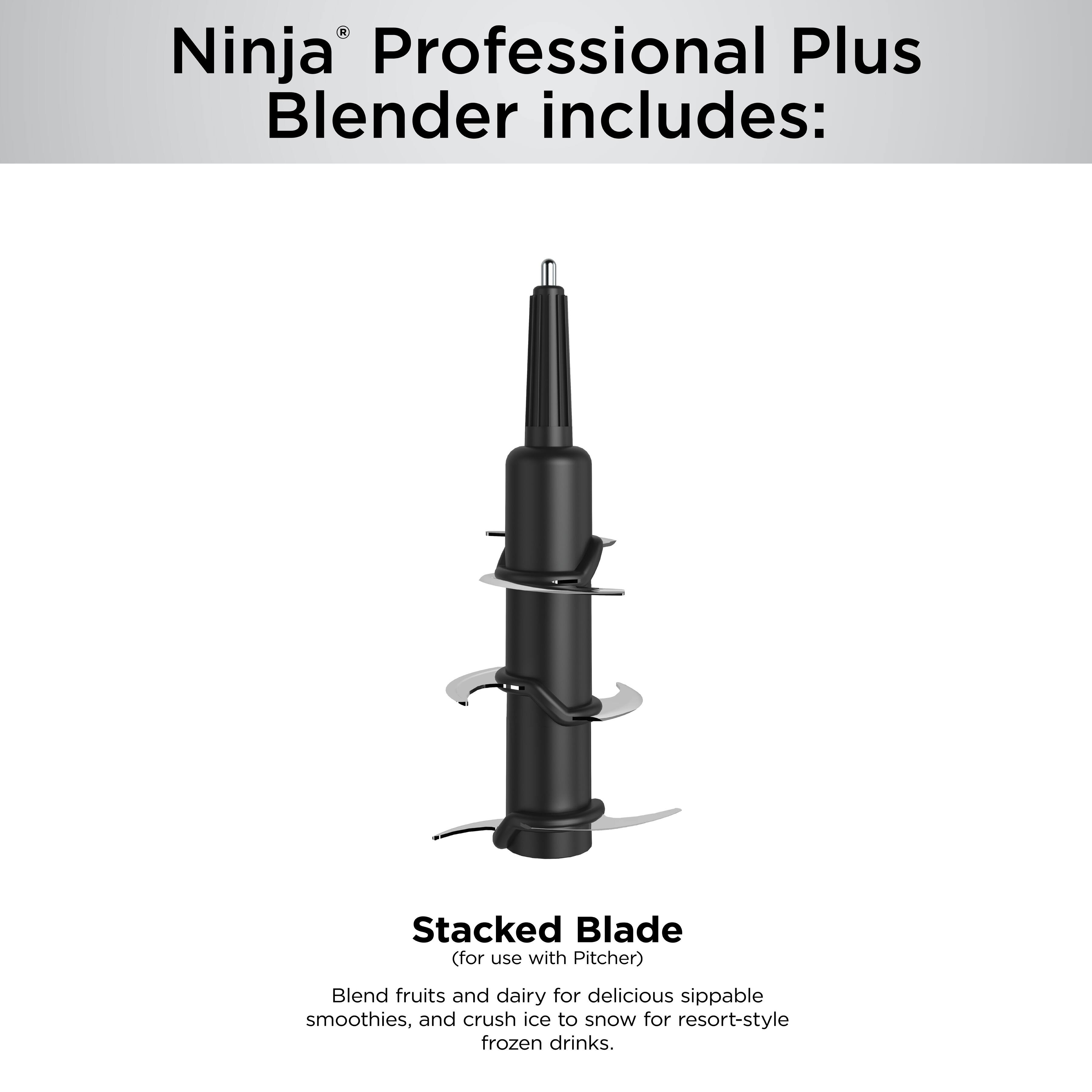 The image features a Ninja Professional Plus Blender, which includes a Stacked Blade designed for use with the Pitcher. This blade is perfect for blending fruits and dairy to create delicious sippable smoothies, as well as crushing ice to achieve a snow-like texture for resort-style frozen drinks.