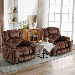 Bestier - Set of 2- 40.6" W Microsuede Power Lift Recliner Chair with Massage and Heating - Brown