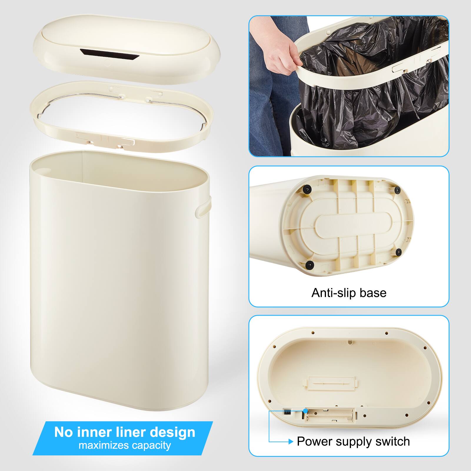 - Anti-slip base
- No inner liner design maximizes capacity
- Power supply switch