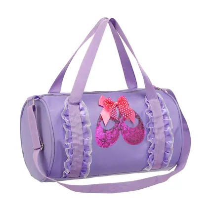 Front. Unique Bargains - Small Cute Personalized Lace Dance Bag with Adjustable Strap and Shoe Compartment for Ballet Yoga Travel Duffel - Purple with shortlace shoe.