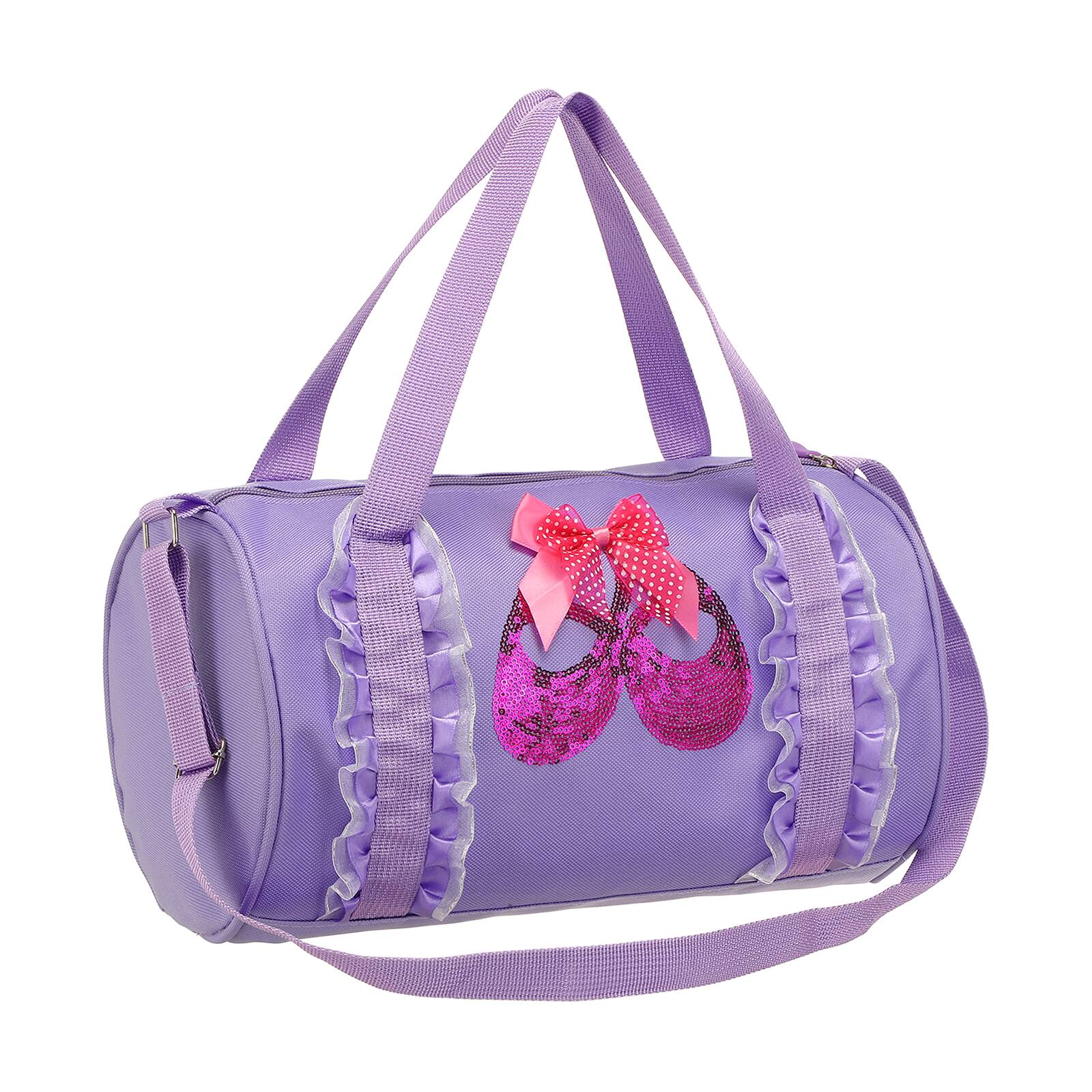 Front. Unique Bargains - Small Cute Personalized Lace Dance Bag with Adjustable Strap and Shoe Compartment for Ballet Yoga Travel Duffel - Purple with shortlace shoe.