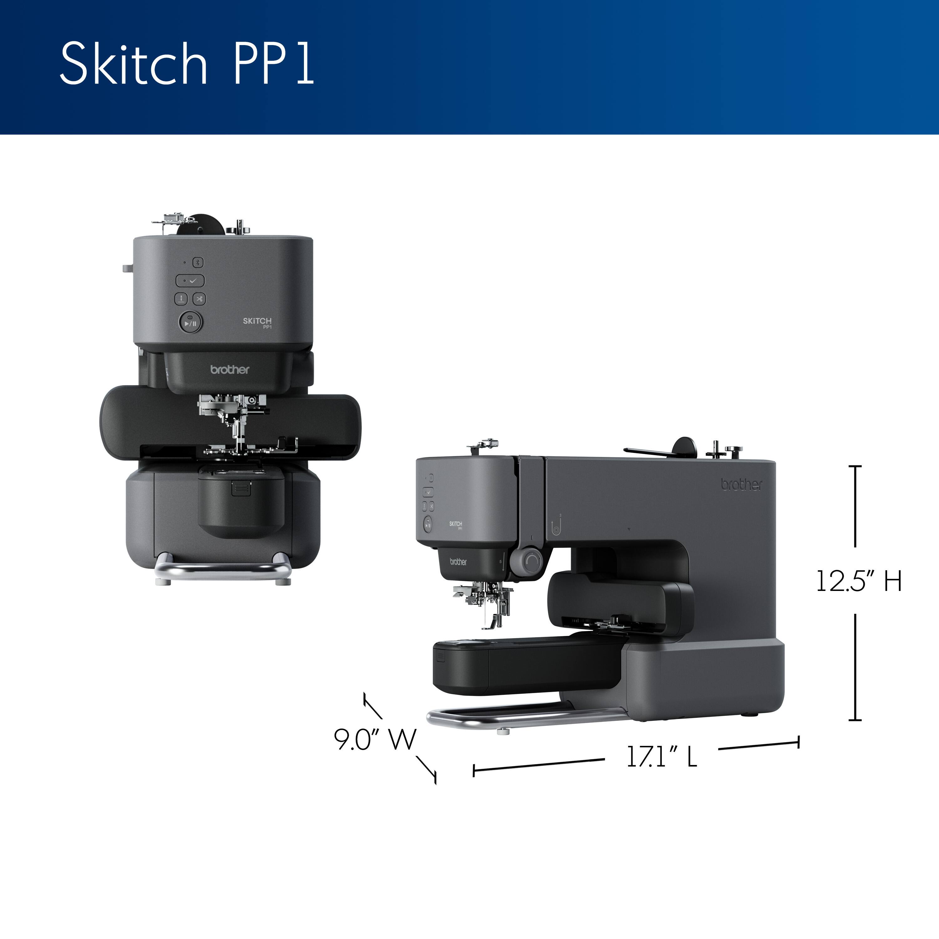 The image features a Skitch PP1 machine, which is a sewing machine made by Brother. The machine is shown in two different orientations, with one side facing upwards and the other side facing downwards. The dimensions of the machine are 9.0" W, 171" L, and 12.5" H.