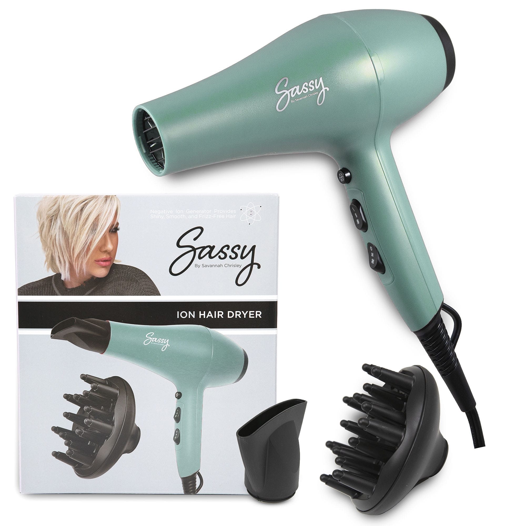 Sassy - Ceramic Ion Hair Dryer, 1875-Watt Salon Dryer with Concentrator and Diffuser - Green
