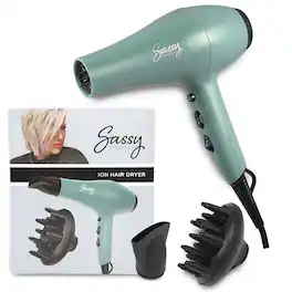 Sassy - Ceramic Ion Hair Dryer, 1875-Watt Salon Dryer with Concentrator and Diffuser - Green