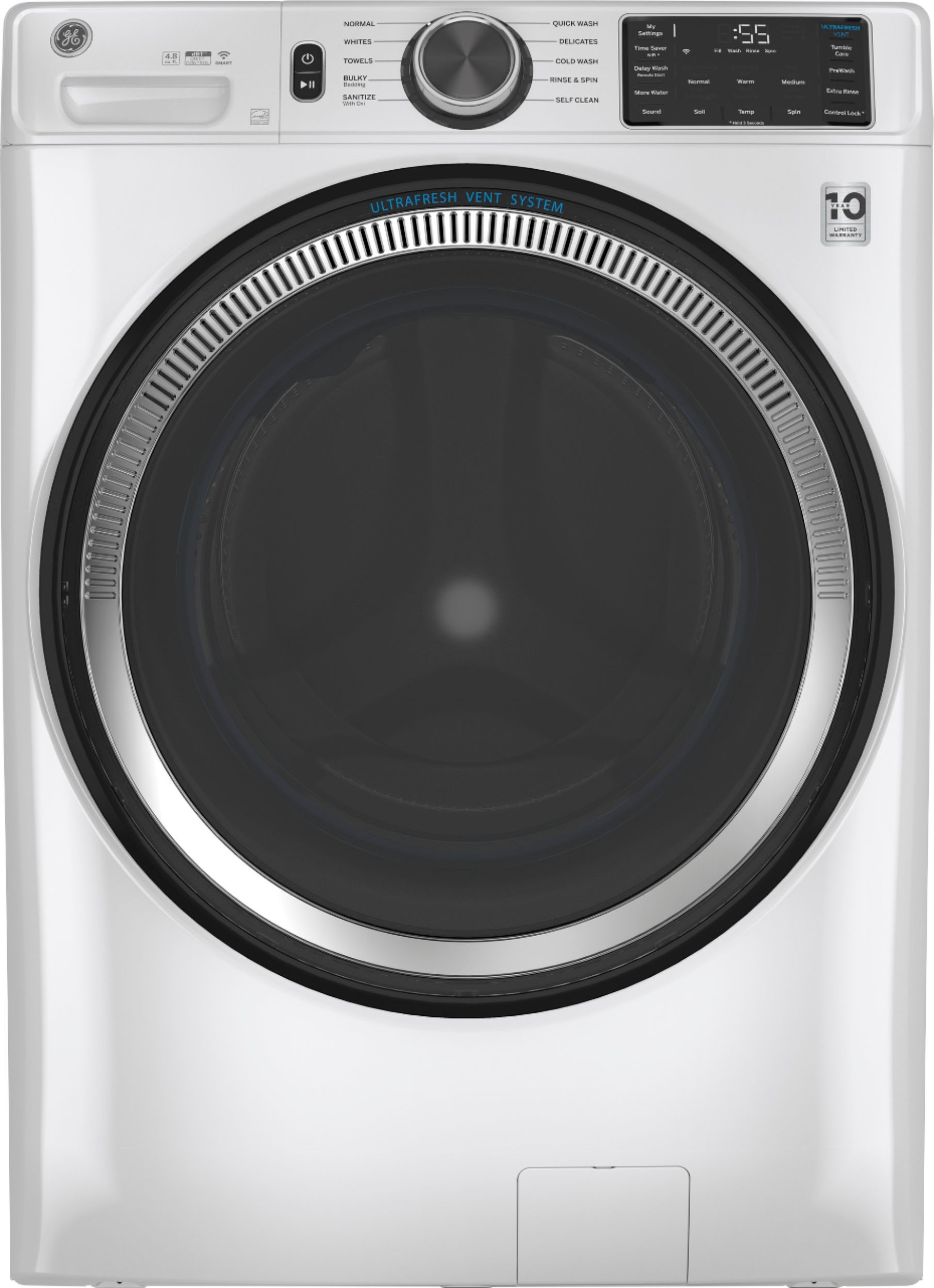 GE - 4.8 Cu. Ft. High-Efficiency Front Load Washer with UltraFresh Vent System - White on white