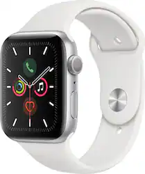 Geek Squad Certified Refurbished Apple Watch Series 5 (GPS) 44mm Silver Aluminum Case with White Sport Band - Silver Aluminum - (2019) - Front_Zoom