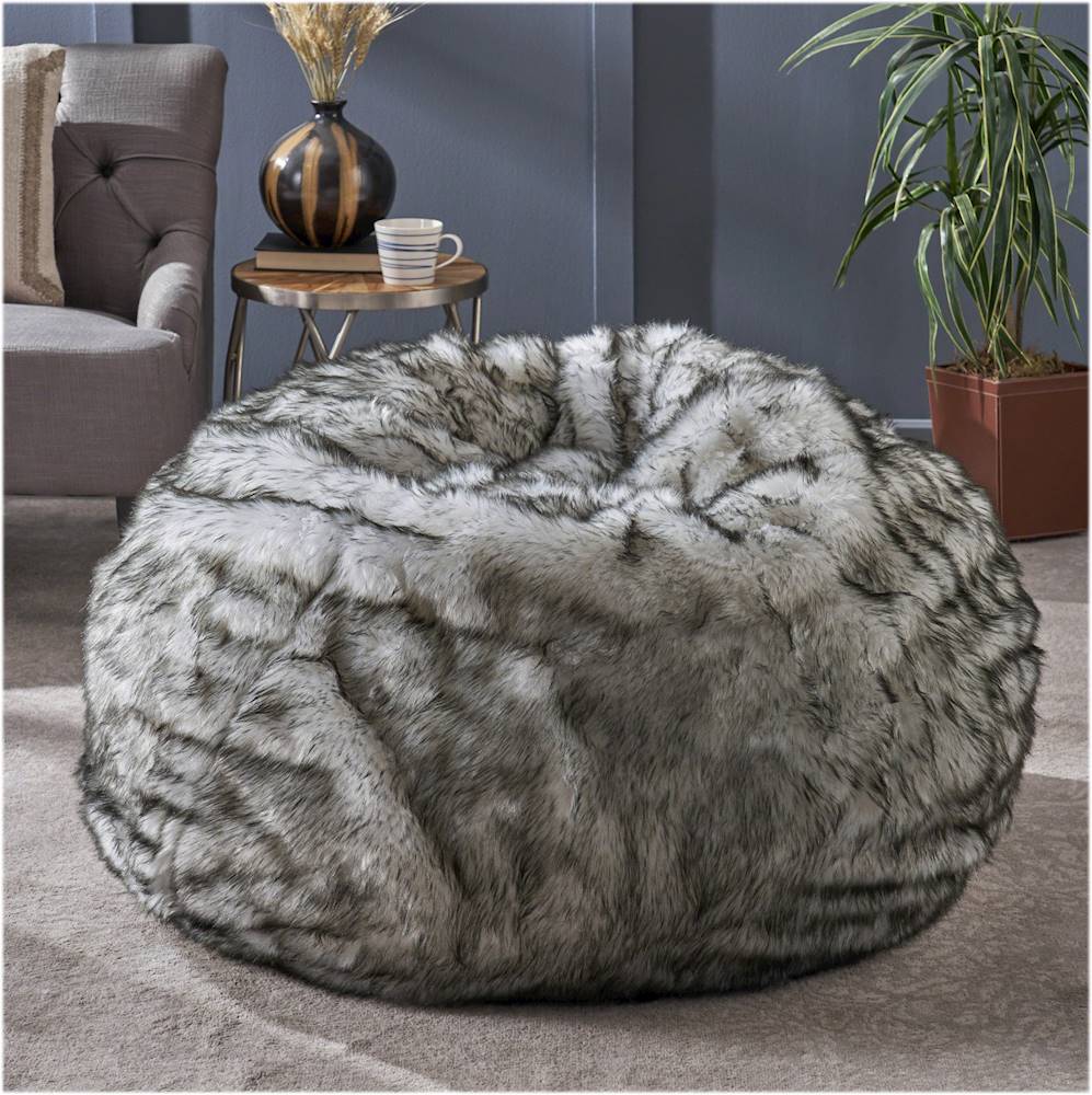 Best Buy: Noble House Caroga Faux Fur Bean Bag Chair White + Gray ...