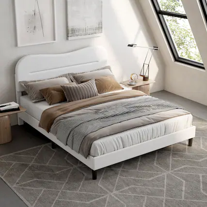 Front. Furnulem - Bed Frame With Teddy Velvet Soft Curved Headboard Platform Bed With Wooden Slats Support - White.