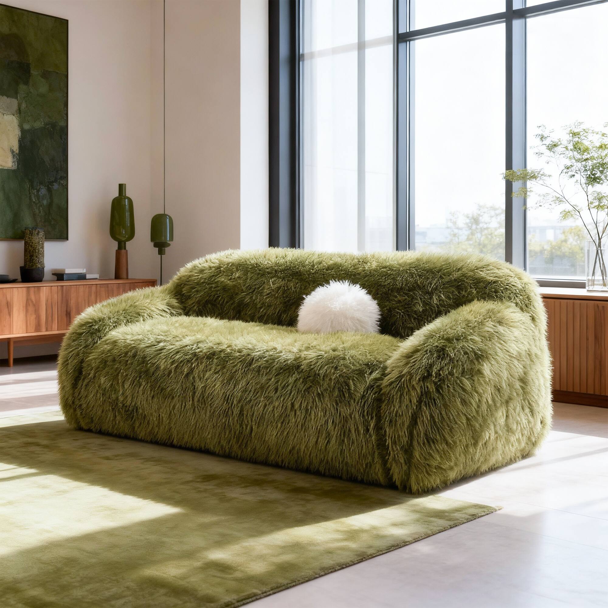 Left. Vaczon - 3-Seater Plush Faux Fur Sofa with Soft Long Pile and Luxurious Comfort for Living Rooms or Apartments - Olive Green.