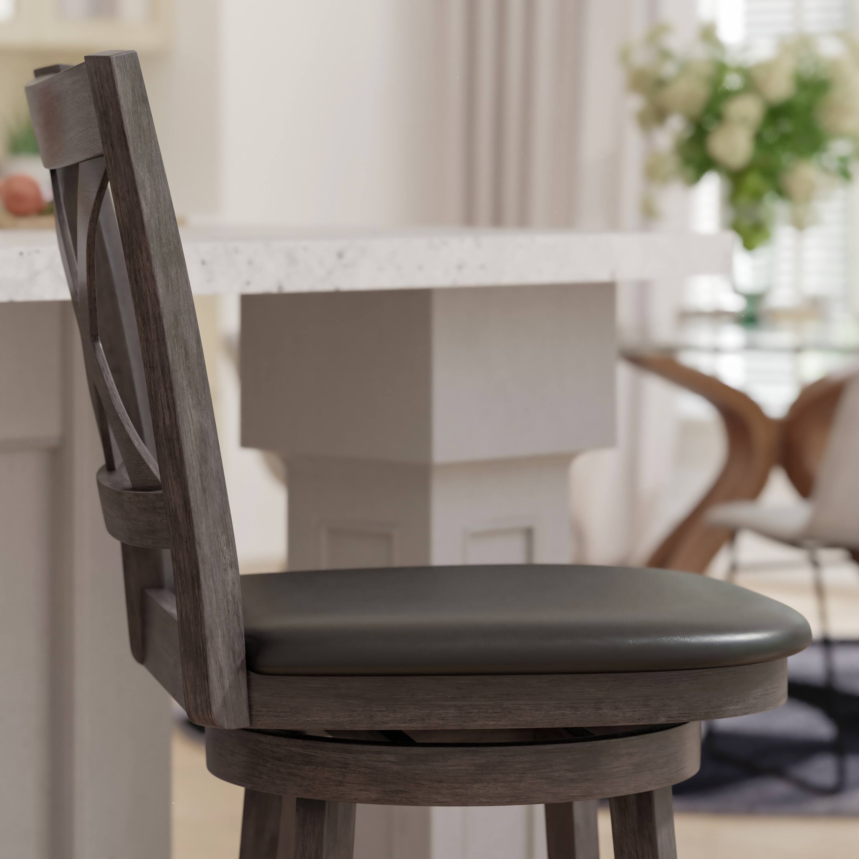 Alt View 3. Emma + Oliver - Luc Wooden Crossback Pub Style Barstool with Padded Faux Leather Swivel Seat - Black Vinyl/Gray Wash Walnut Frame.