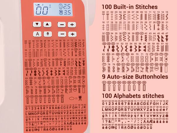 Sure, here is the corrected and grouped text from the image:

---

**Built-in Stitches:**

00 01 02 03 04 05 06 07 08 09 10 11 12 13 14 15 16 17 18 19 20 21 22 23 24 25 26 27 28 29 30 31 32 33 34 35 36 37 38 39 40 41 42 43 44 45 46 47 48 49 50 51 52 53 54 55 56 57 58 59 60 61 62 63 64 65 66 67 68 69 70 71 72 73 74 75 76 77 7