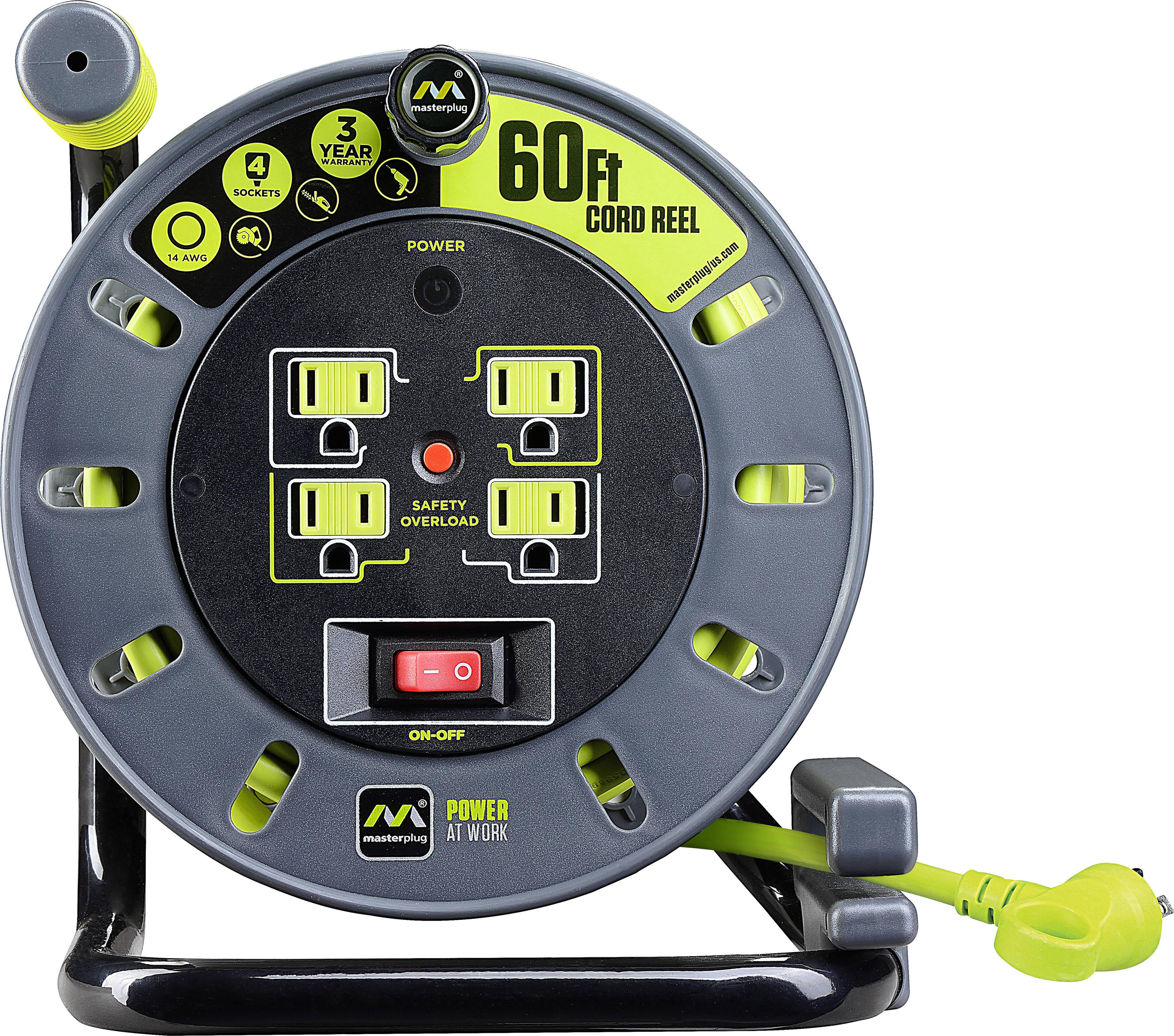 Alt View 1. Masterplug - 60Ft 4 Sockets 13A 14AWG Medium Open Cable Reel - Green & Grey.