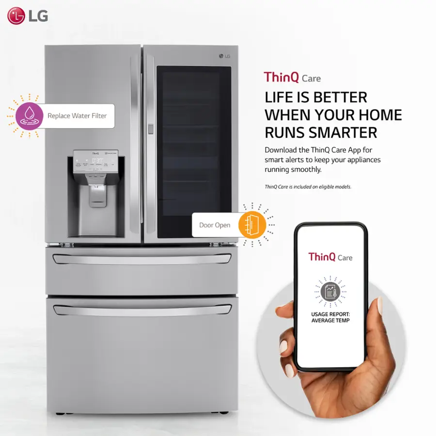 The image features a large LG refrigerator with a water dispenser on the door. The refrigerator is advertised as having ThinQ Care technology, which allows for smart alerts and usage reports to keep the appliance running smoothly. The ad also suggests that the refrigerator is equipped with a water filter, which can be replaced by downloading the ThinQ Care app. The appliance is described as being "smart" and "smarter," emphasizing its advanced features and capabilities.