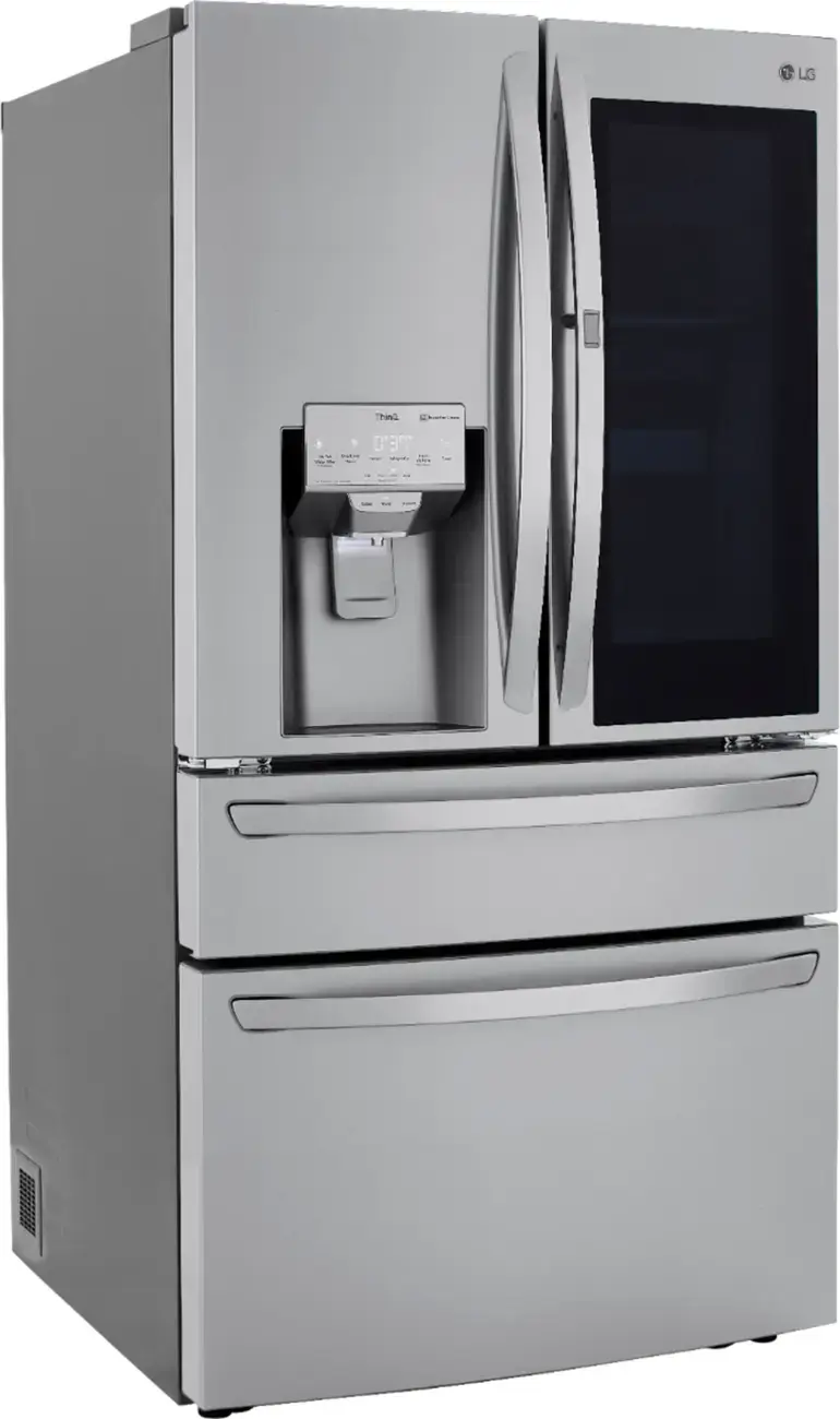 The image features a person holding a water bottle that is dispensed from a refrigerator. The refrigerator has a water dispenser, which is part of a smart refrigerator system. The person is holding the water bottle, which is filled with filtered water. The refrigerator is equipped with a water filter, providing clean and safe drinking water. The convenient Measured Fill feature allows users to dispense exact amounts of filtered water in ounces (4, 8, 16, or 32).