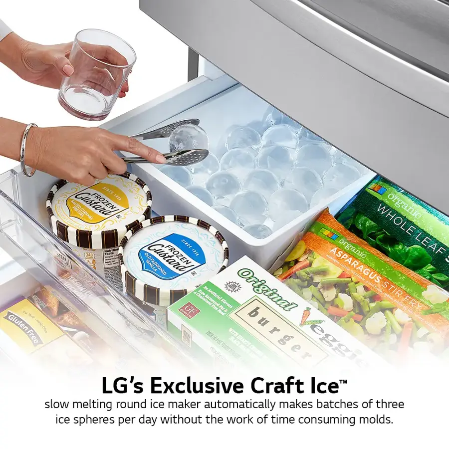LG's Exclusive Craft Ice slow melting round ice maker automatically makes batches of three ice spheres per day without the work of time consuming molds.