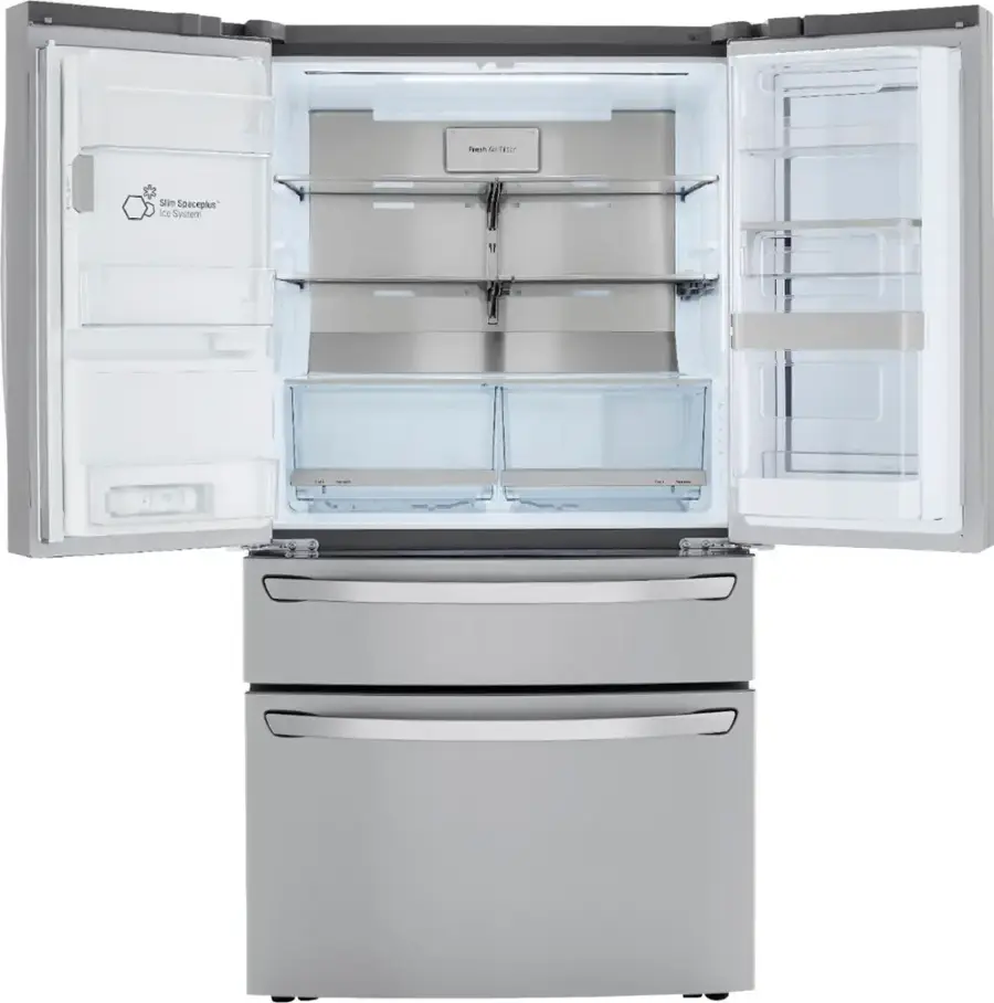 The image features a large refrigerator with a PrintProof finish, which is a stainless steel appliance with a finger pointing towards the finish. The refrigerator has a double door with a bottom drawer, and it is designed to be easy to clean and maintain. The PrintProof finish is a protective coating that prevents fingerprints and smudges from showing on the surface, ensuring that the refrigerator remains looking pristine and clean.