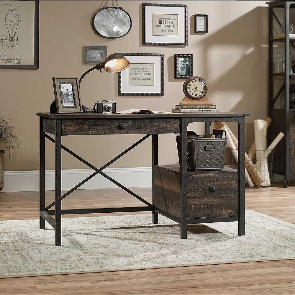 Angle View: Sauder - Steel River Collection Rustic 2-Drawer Workstation - Carbon Oak