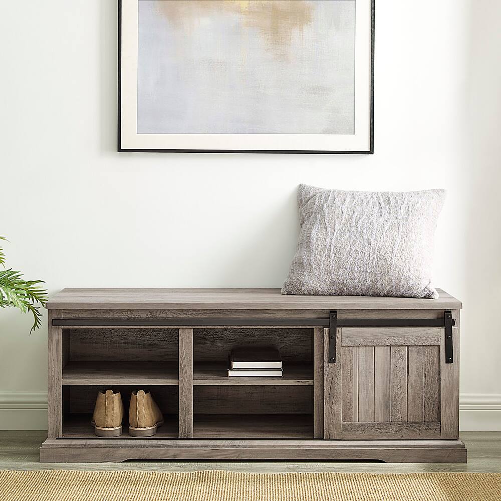 Alt View 13. Walker Edison - Sliding Grooved Door Entryway Accent Bench - Grey Wash.