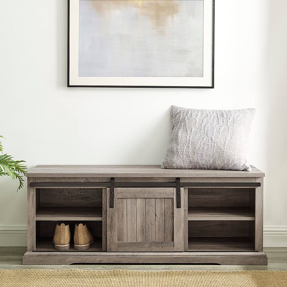 Alt View 14. Walker Edison - Sliding Grooved Door Entryway Accent Bench - Grey Wash.