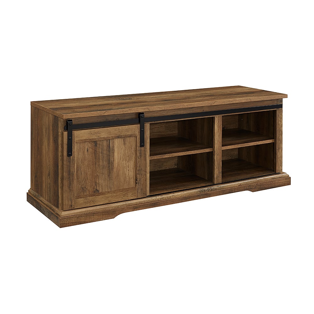 Angle. Walker Edison - Sliding Grooved Door Entryway Accent Bench - Rustic Oak.