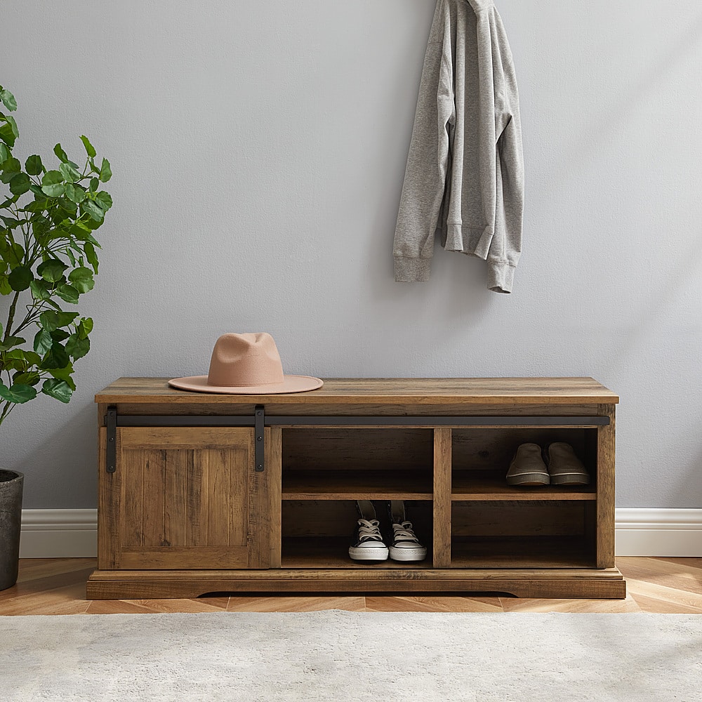 Alt View 13. Walker Edison - Sliding Grooved Door Entryway Accent Bench - Rustic Oak.