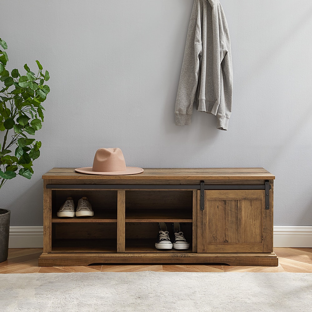 Alt View 14. Walker Edison - Sliding Grooved Door Entryway Accent Bench - Rustic Oak.