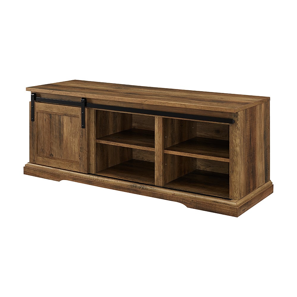 Left. Walker Edison - Sliding Grooved Door Entryway Accent Bench - Rustic Oak.