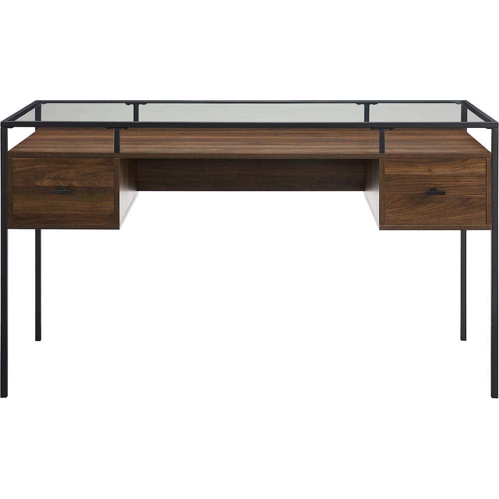Walker Edison - Modern Glass Top 2-Drawer Computer Desk - Dark Walnut - Front_Zoom