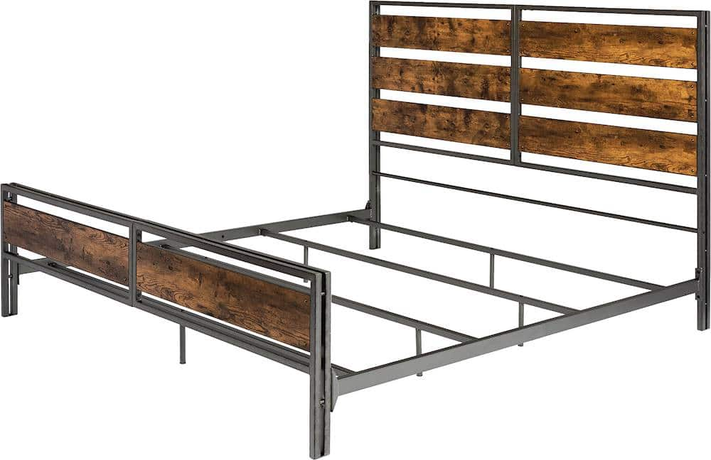 Left View: Walker Edison - Industrial 79" King-Size Slat Bed Frame - Reclaimed Barnwood