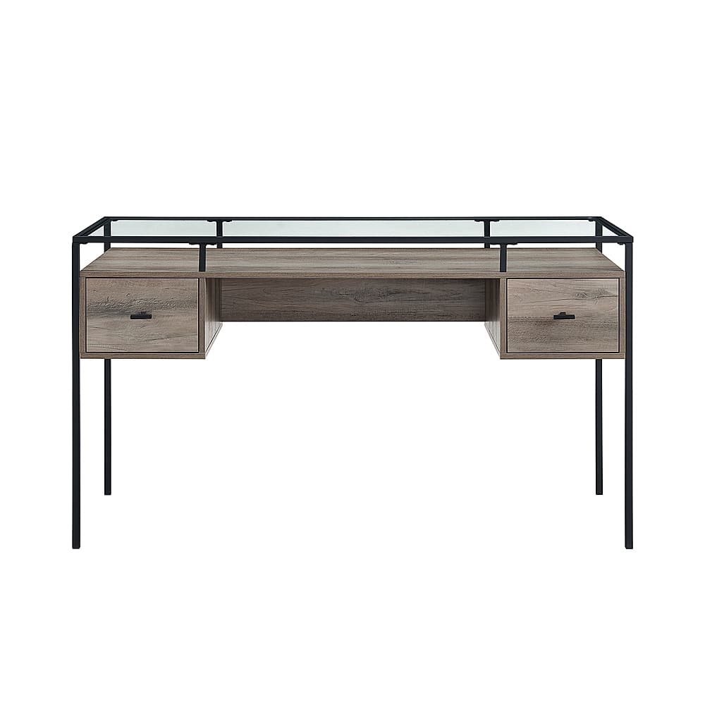 Walker Edison - Modern Glass Top 2-Drawer Computer Desk - Gray Wash - Front_Zoom