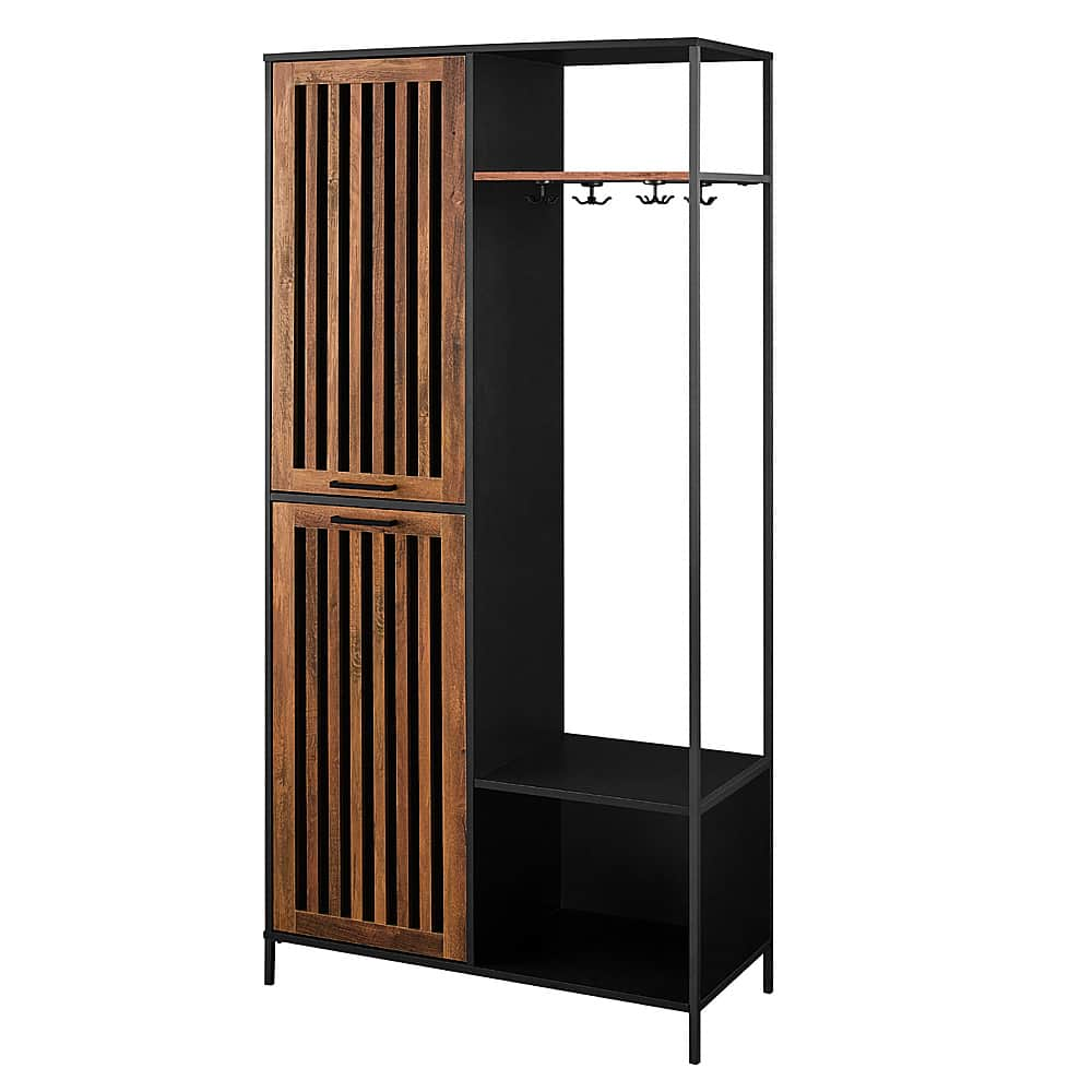 Left View: Walker Edison - 72" Metal and Wood Hall Tree with Slat Door - Solid Black/Rustic Oak