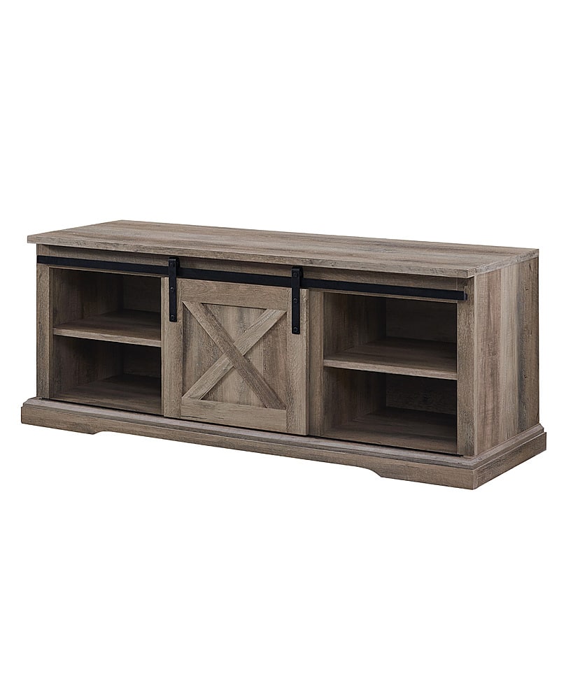 Left View: Walker Edison - Sliding Grooved Door Entryway Accent Bench - Birch