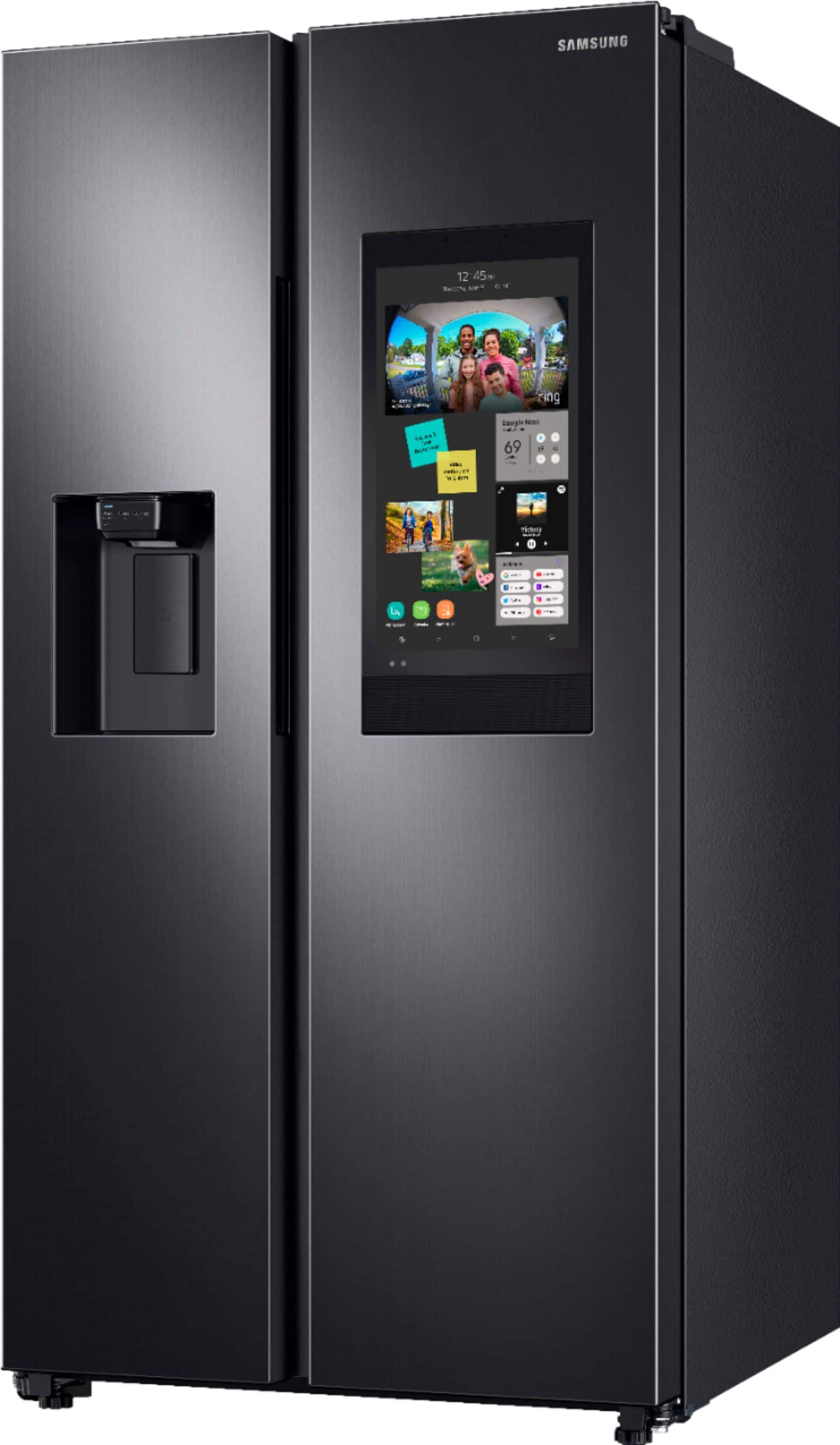 Left. Samsung - 26.7 cu. ft. Side-by-Side Smart Refrigerator with 21.5" Touch-Screen Family Hub - Black Stainless Steel.