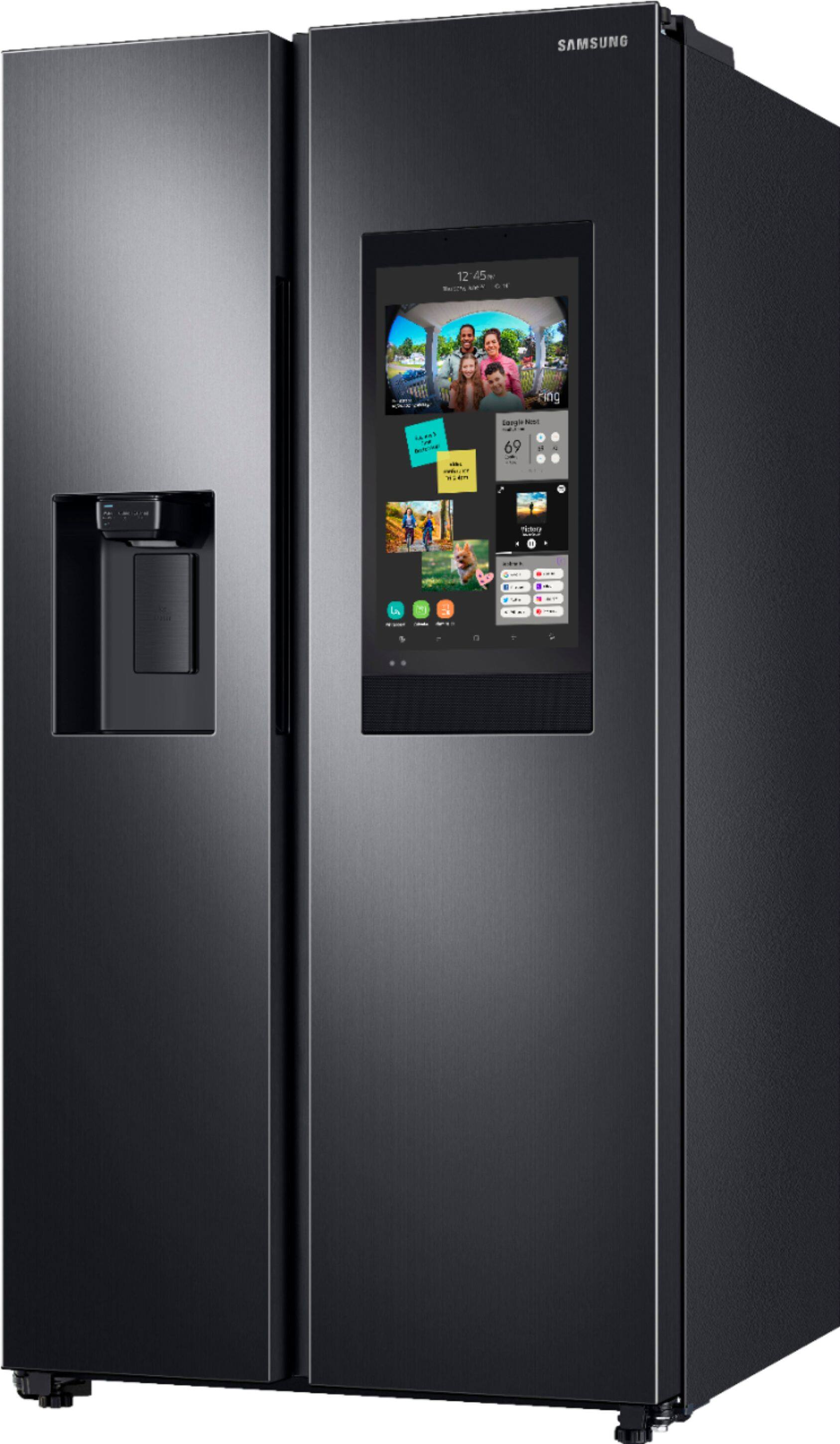 Left. Samsung - 26.7 cu. ft. Side-by-Side Smart Refrigerator with 21.5" Touch-Screen Family Hub - Black Stainless Steel.