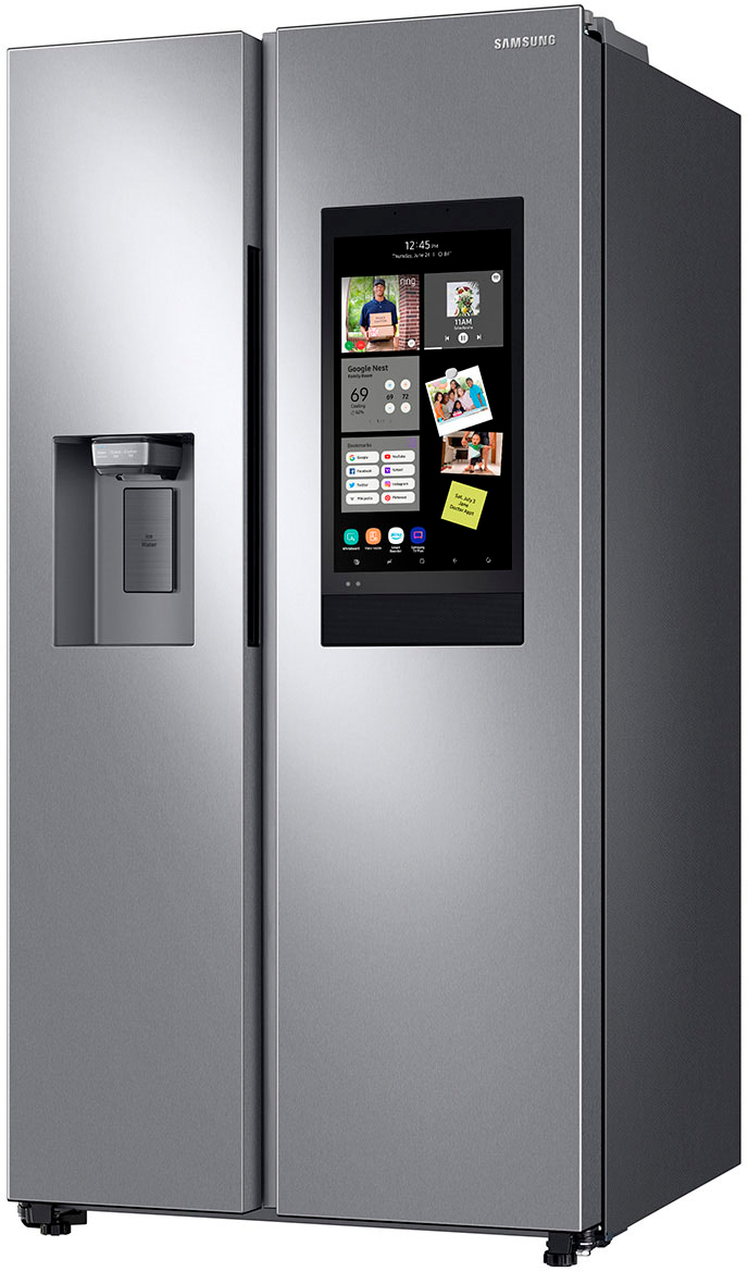 Left View: Samsung - 26.7 Cu. Ft. Side-by-Side Refrigerator with 21.5" Touch-Screen Family Hub - Stainless steel