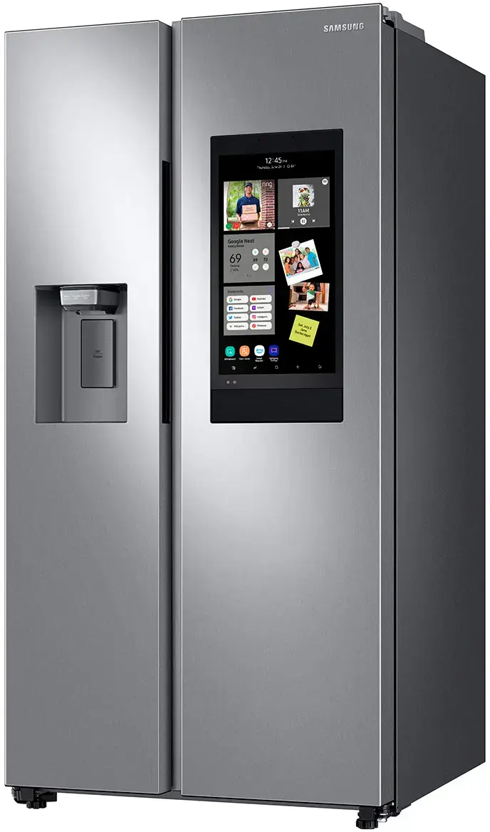 Left. Samsung - 26.7 cu. ft. Side-by-Side Smart Refrigerator with 21.5" Touch-Screen Family Hub - Stainless Steel.