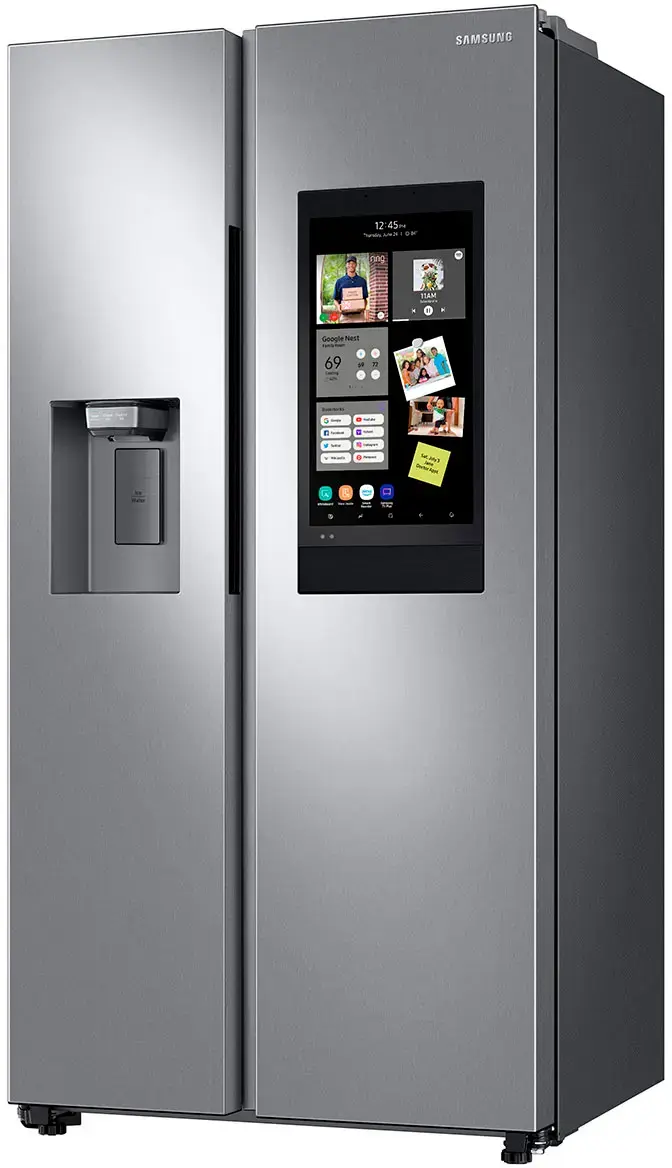 The image features a Samsung refrigerator with a built-in screen on the door. The screen displays various photos, including a picture of a man. The refrigerator is a large, two-door unit with a digital clock on the front. The time shown on the clock is 12:45.