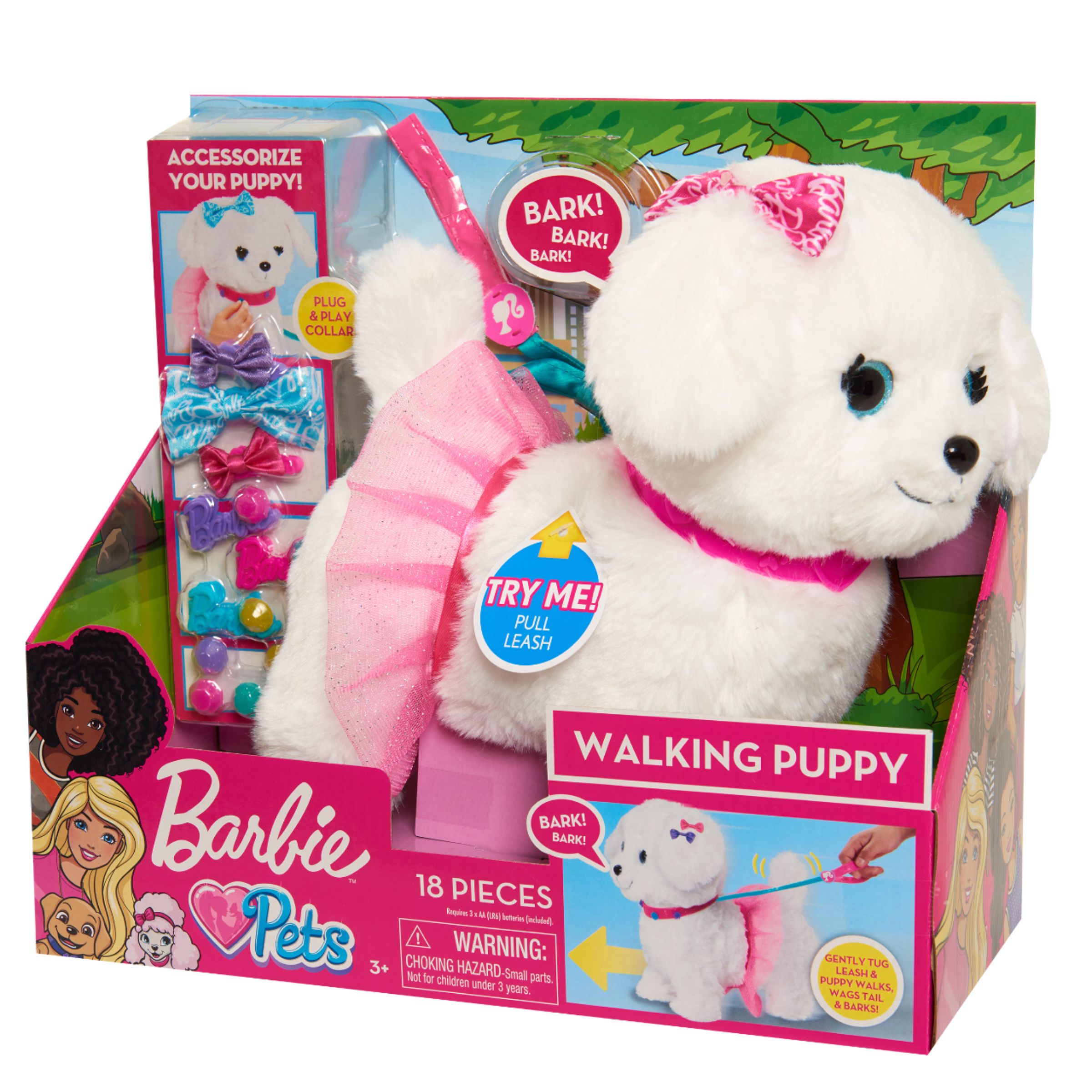 Left View: Barbie - Walk and Wag Puppy - White