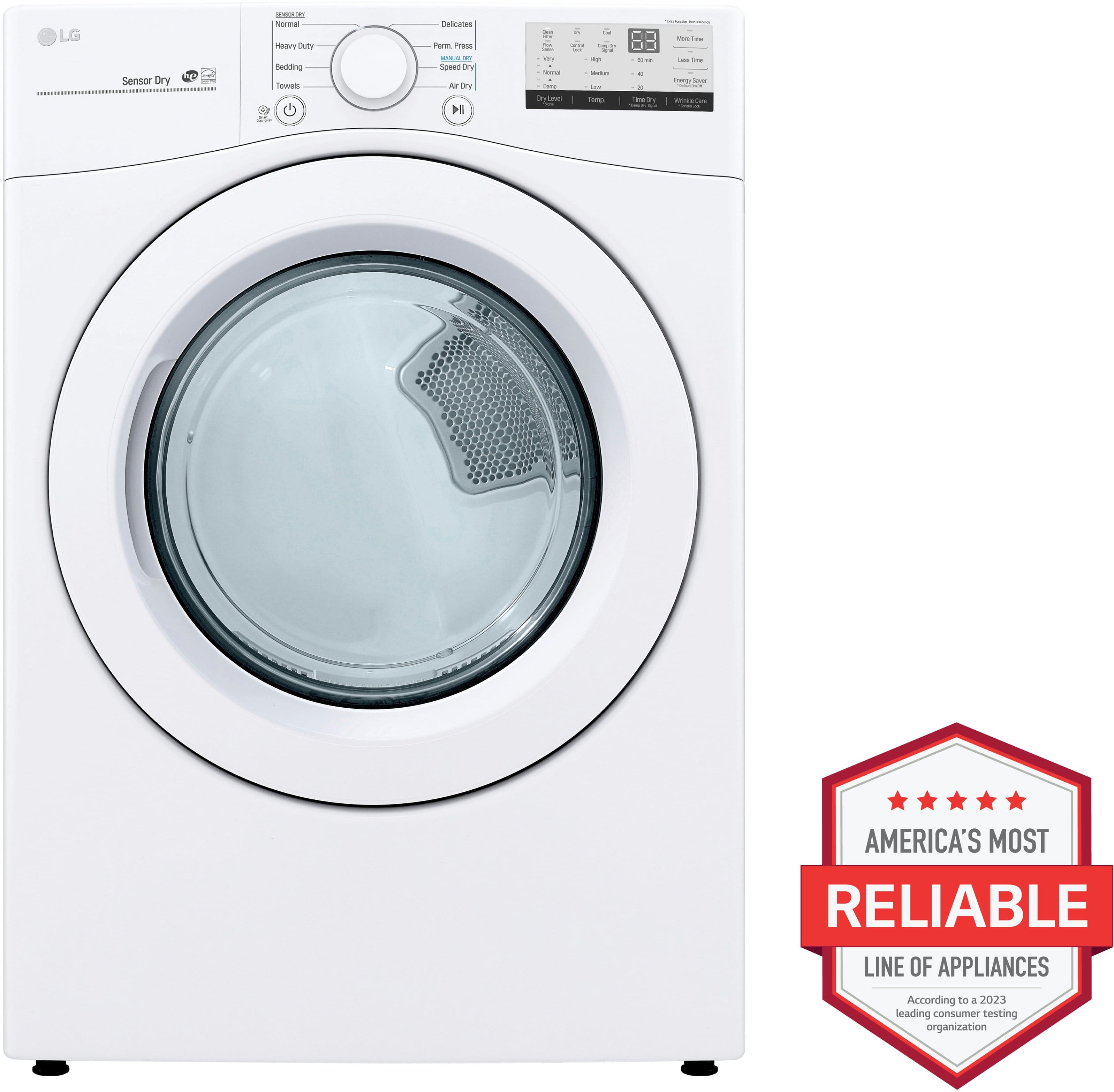 The image features an LG electric dryer with a glass door, which is a popular and reliable choice for laundry appliances. The dryer is white and has a stainless steel finish, making it a stylish addition to any home. The glass door allows for easy visibility of the drying process, and the appliance is designed to be energy-efficient and environmentally friendly. The LG Senvor Ory dryer is known for its high-quality performance and durability, making it a trusted choice for many households.