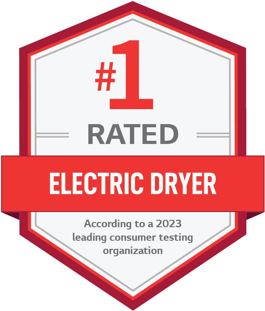 The image features a red and white sticker that reads "1 Rated Electric Dryer." The sticker is placed on a white background, making the text stand out. The sticker is likely promoting an electric dryer that has been rated as the best in a consumer testing organization.