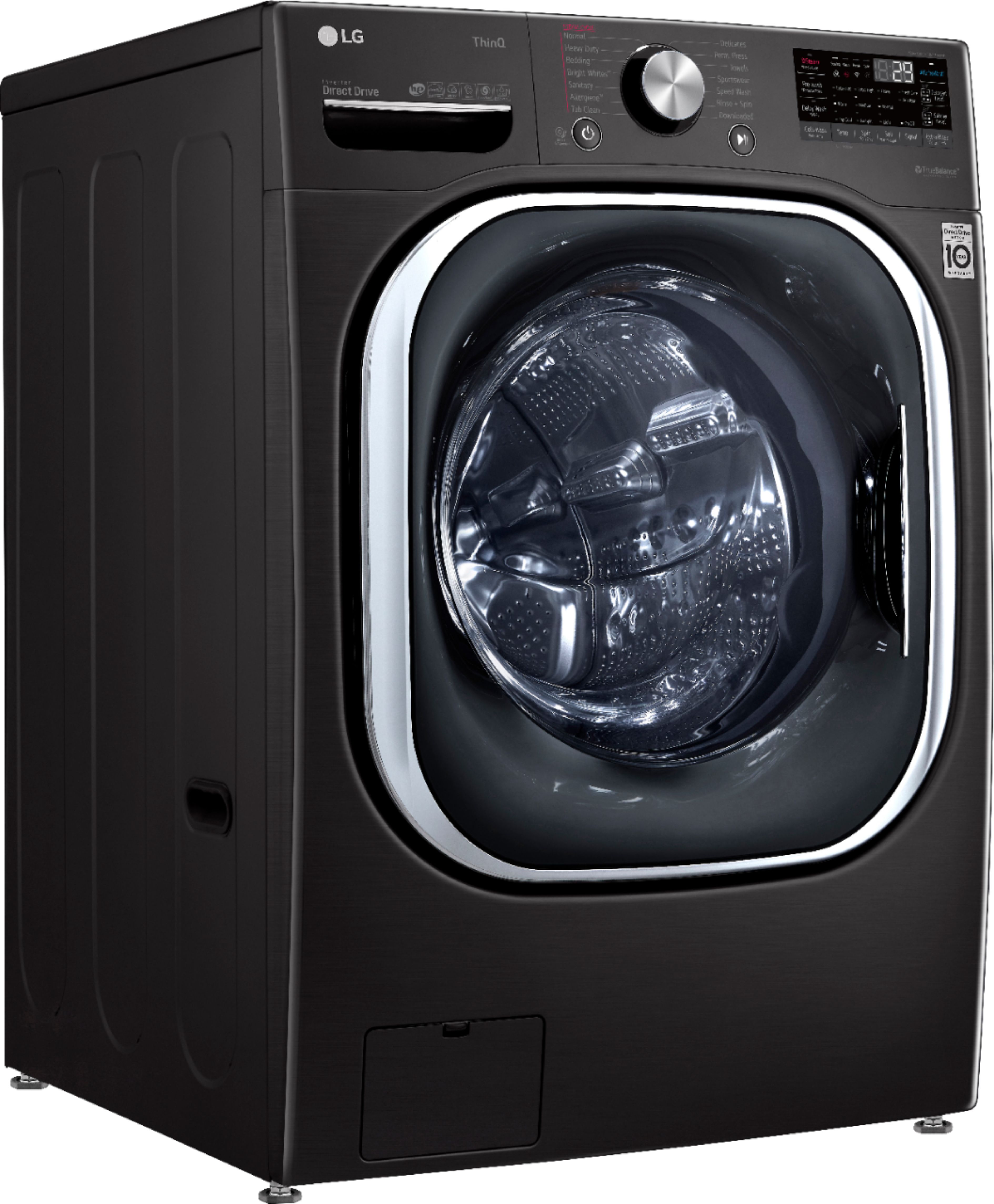 Angle View: LG - 5.0 Cu. Ft. High-Efficiency Stackable Smart Front Load Washer with Steam and Built-In Intelligence - Black steel