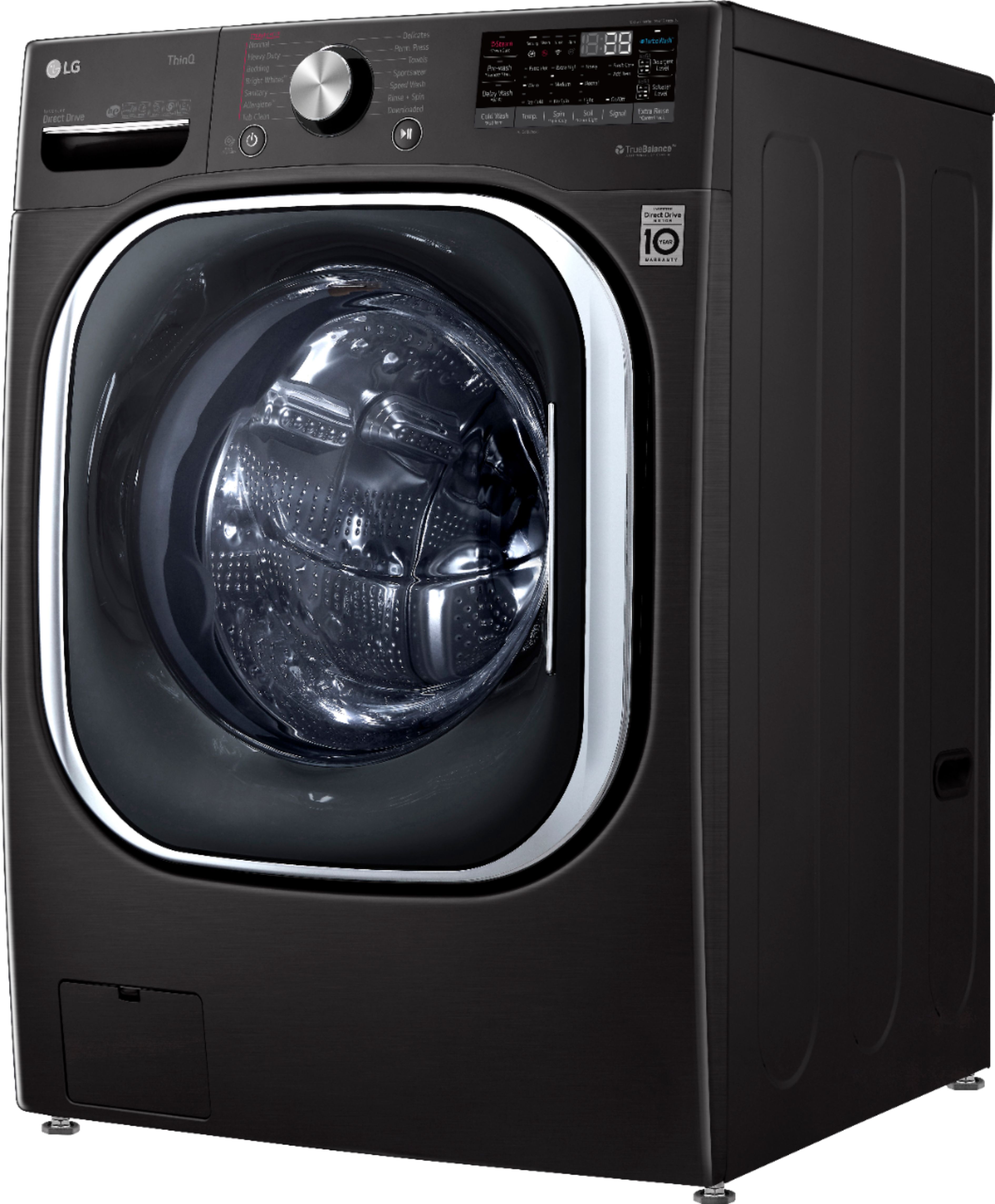 Left View: LG - 5.0 Cu. Ft. High-Efficiency Stackable Smart Front Load Washer with Steam and Built-In Intelligence - Black steel